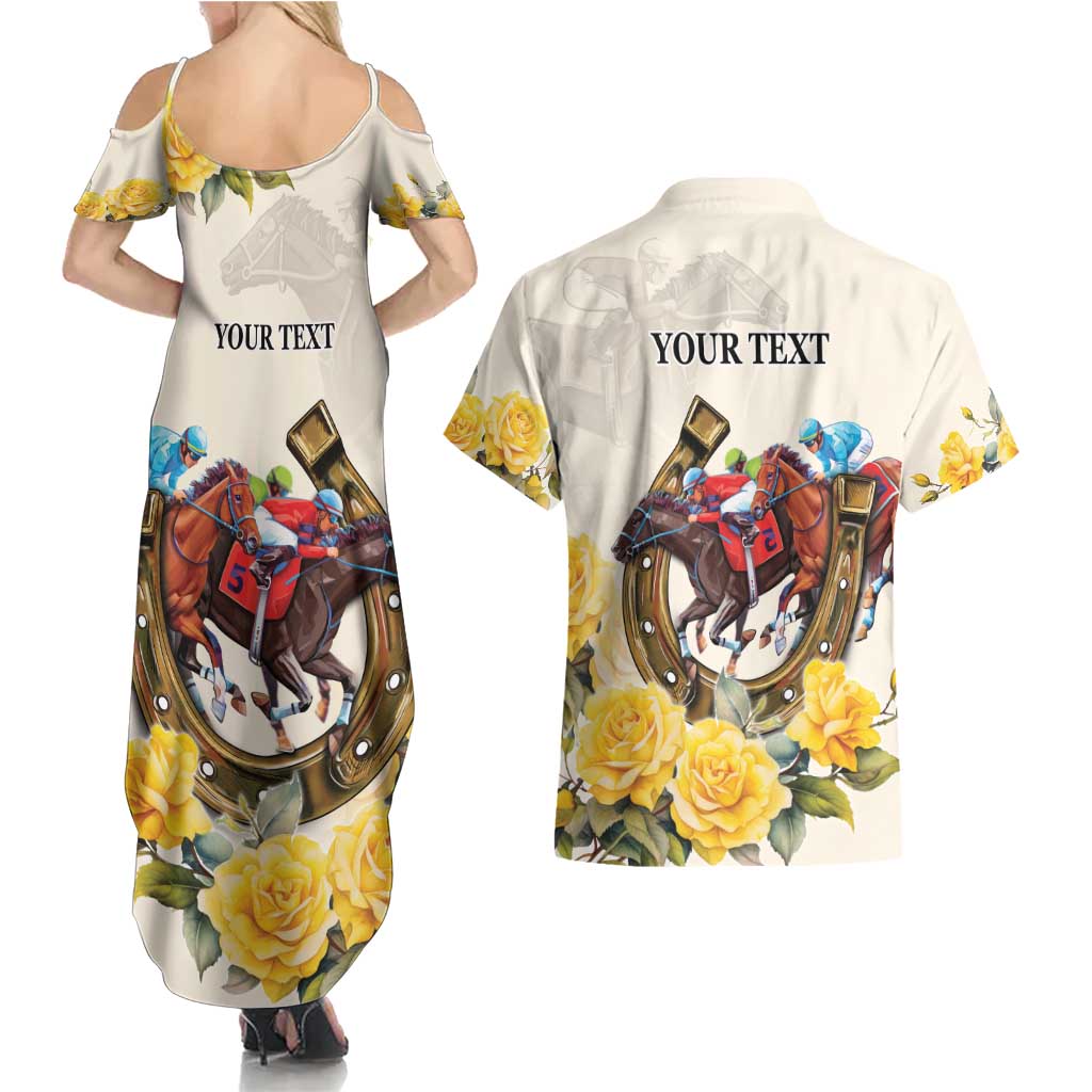 Melbourne Horse Racing Personalised Couples Matching Summer Maxi Dress and Hawaiian Shirt Australian Horse With Yellow Roses