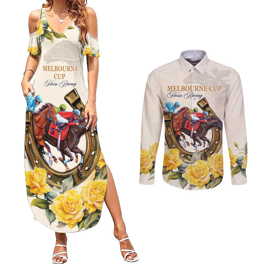 Melbourne Horse Racing Personalised Couples Matching Summer Maxi Dress and Long Sleeve Button Shirt Australian Horse With Yellow Roses