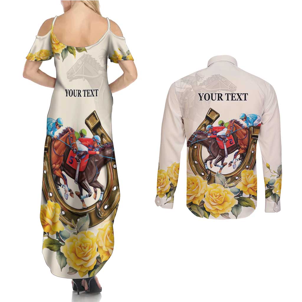 Melbourne Horse Racing Personalised Couples Matching Summer Maxi Dress and Long Sleeve Button Shirt Australian Horse With Yellow Roses