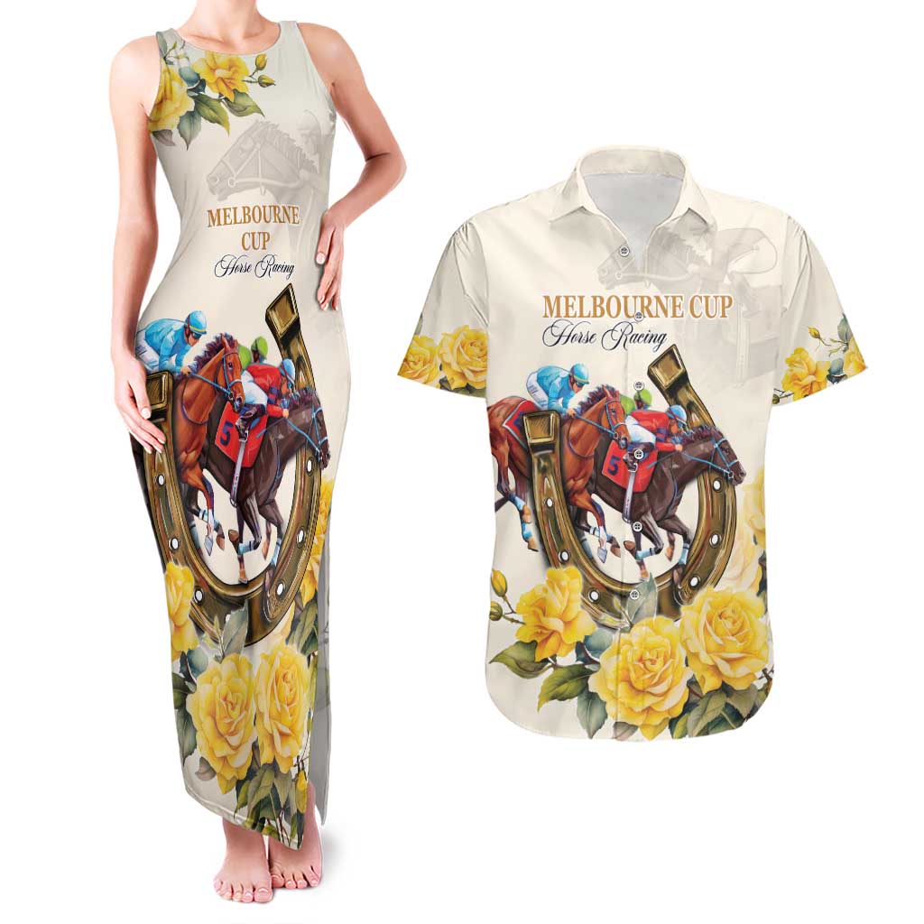 Melbourne Horse Racing Personalised Couples Matching Tank Maxi Dress and Hawaiian Shirt Australian Horse With Yellow Roses