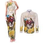 Melbourne Horse Racing Personalised Couples Matching Tank Maxi Dress and Long Sleeve Button Shirt Australian Horse With Yellow Roses