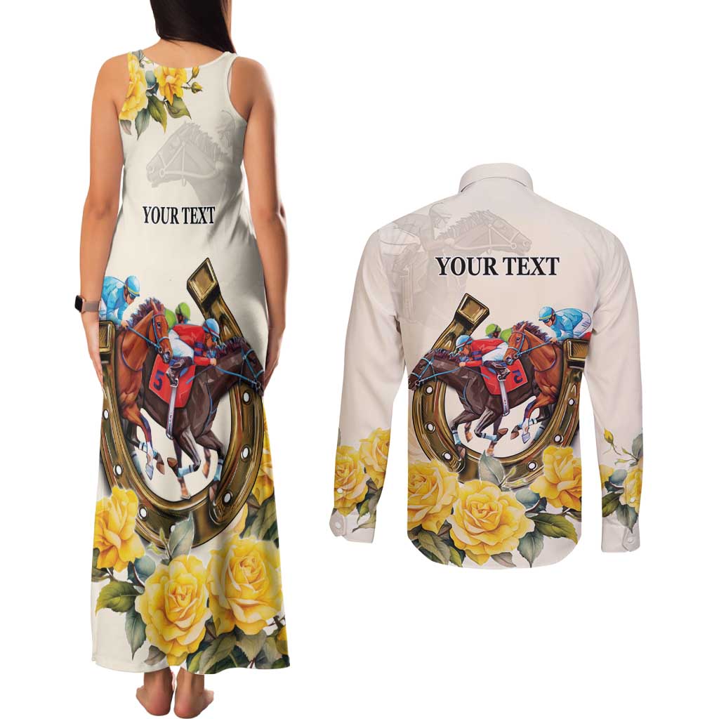 Melbourne Horse Racing Personalised Couples Matching Tank Maxi Dress and Long Sleeve Button Shirt Australian Horse With Yellow Roses