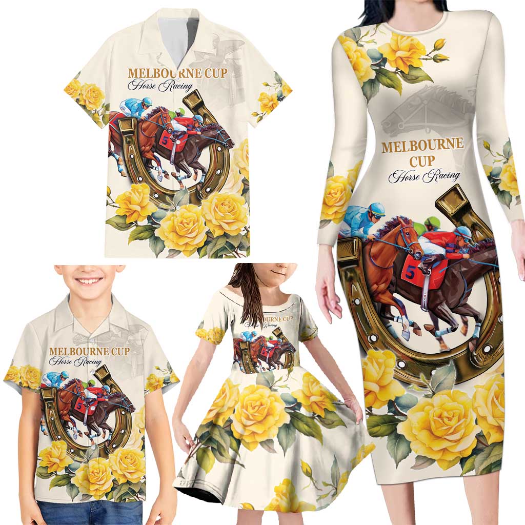 Melbourne Horse Racing Personalised Family Matching Long Sleeve Bodycon Dress and Hawaiian Shirt Australian Horse With Yellow Roses