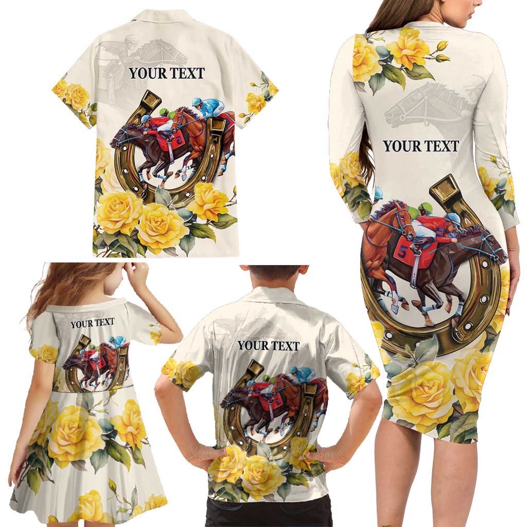 Melbourne Horse Racing Personalised Family Matching Long Sleeve Bodycon Dress and Hawaiian Shirt Australian Horse With Yellow Roses