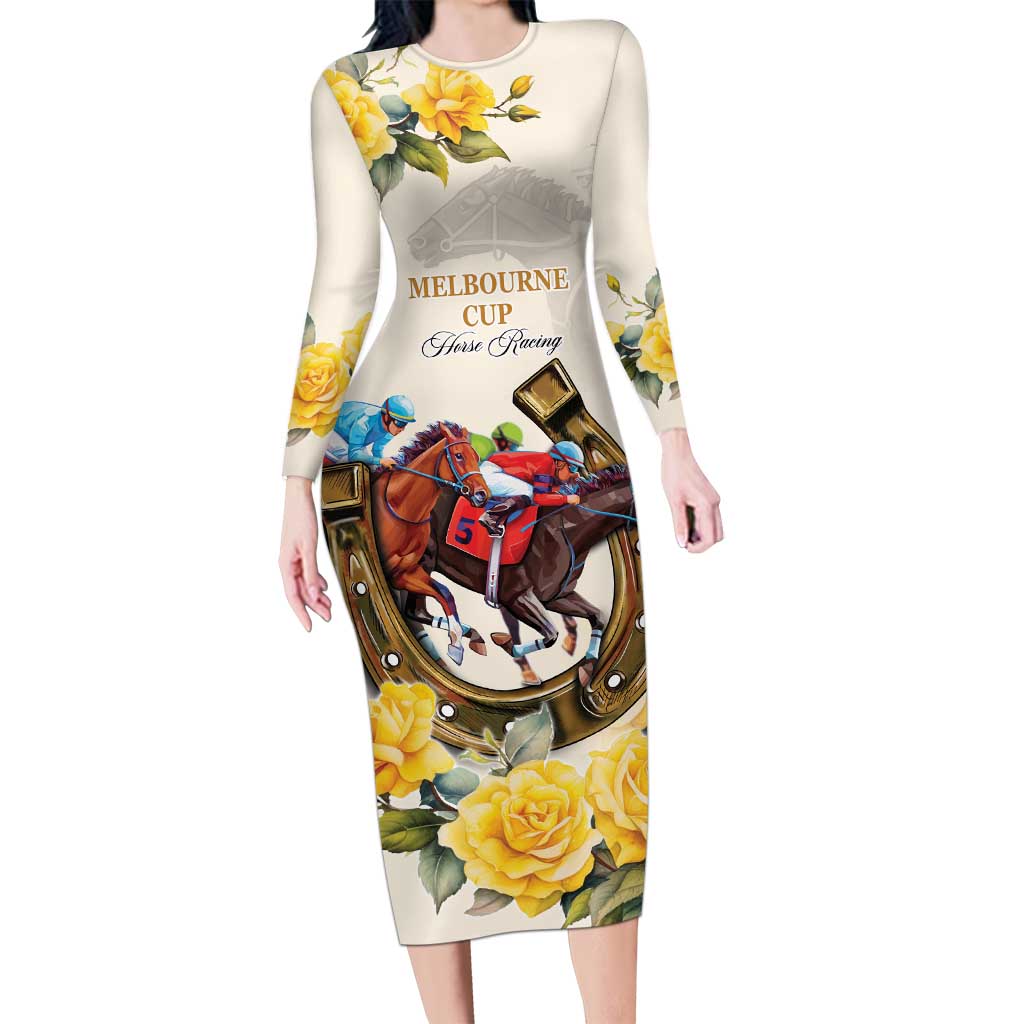 Melbourne Horse Racing Personalised Family Matching Long Sleeve Bodycon Dress and Hawaiian Shirt Australian Horse With Yellow Roses
