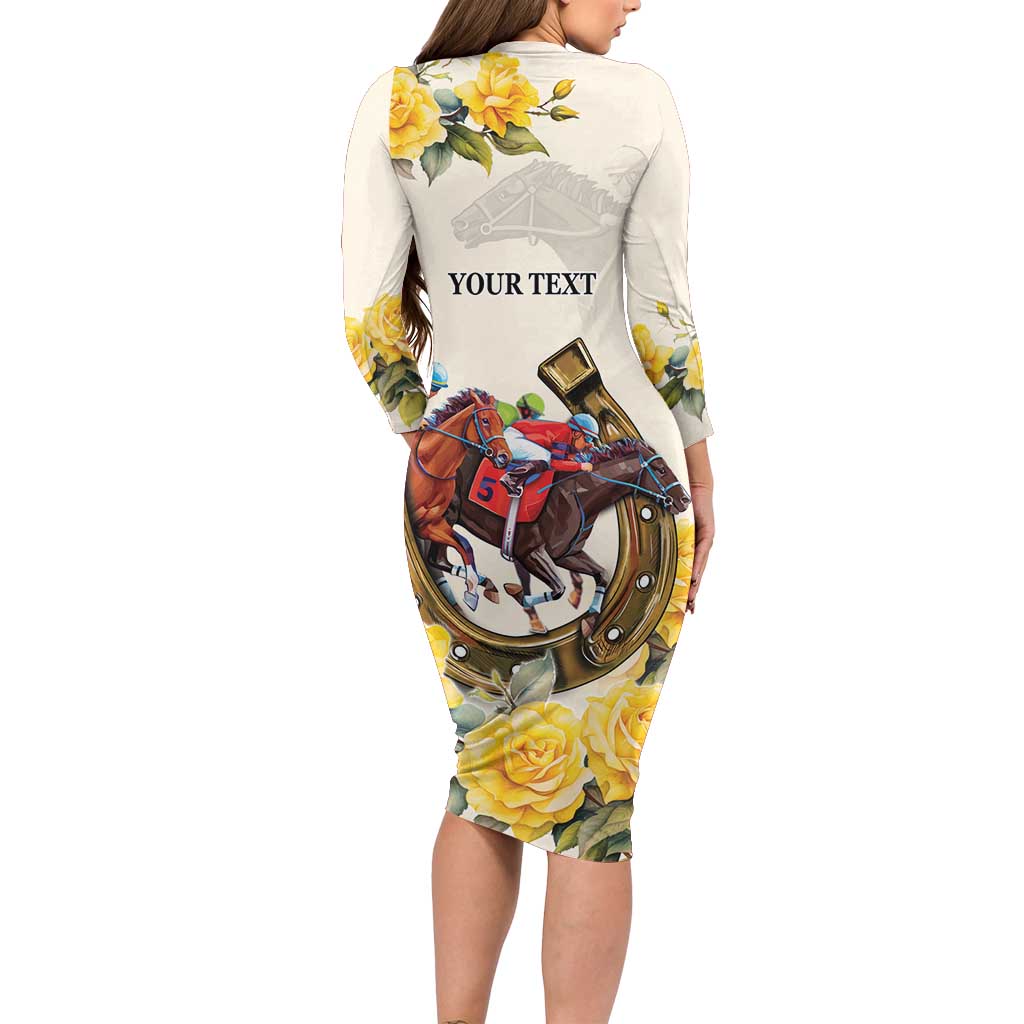 Melbourne Horse Racing Personalised Family Matching Long Sleeve Bodycon Dress and Hawaiian Shirt Australian Horse With Yellow Roses
