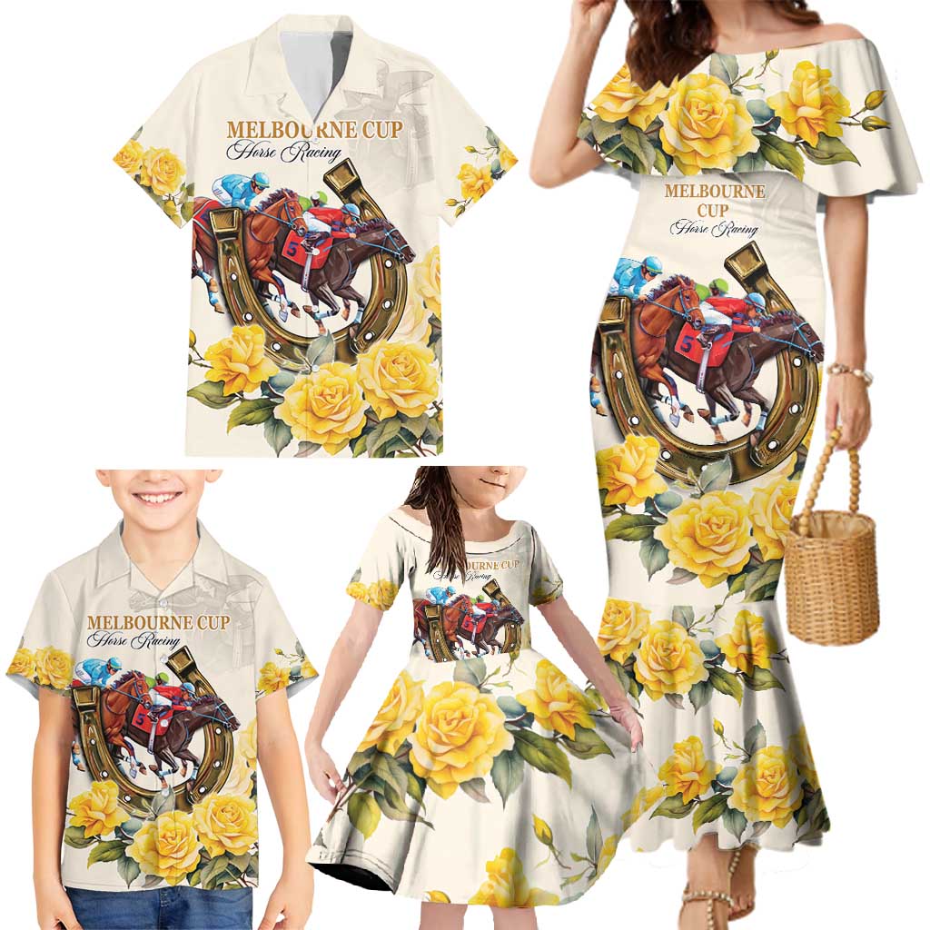 Melbourne Horse Racing Personalised Family Matching Mermaid Dress and Hawaiian Shirt Australian Horse With Yellow Roses