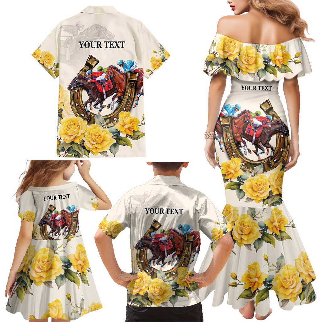 Melbourne Horse Racing Personalised Family Matching Mermaid Dress and Hawaiian Shirt Australian Horse With Yellow Roses