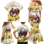 Melbourne Horse Racing Personalised Family Matching Mermaid Dress and Hawaiian Shirt Australian Horse With Yellow Roses
