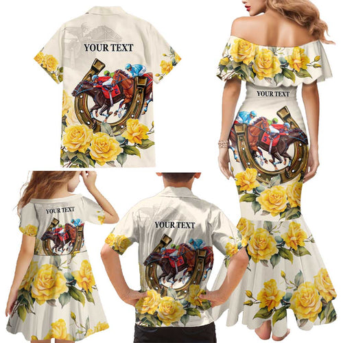 Melbourne Horse Racing Personalised Family Matching Mermaid Dress and Hawaiian Shirt Australian Horse With Yellow Roses