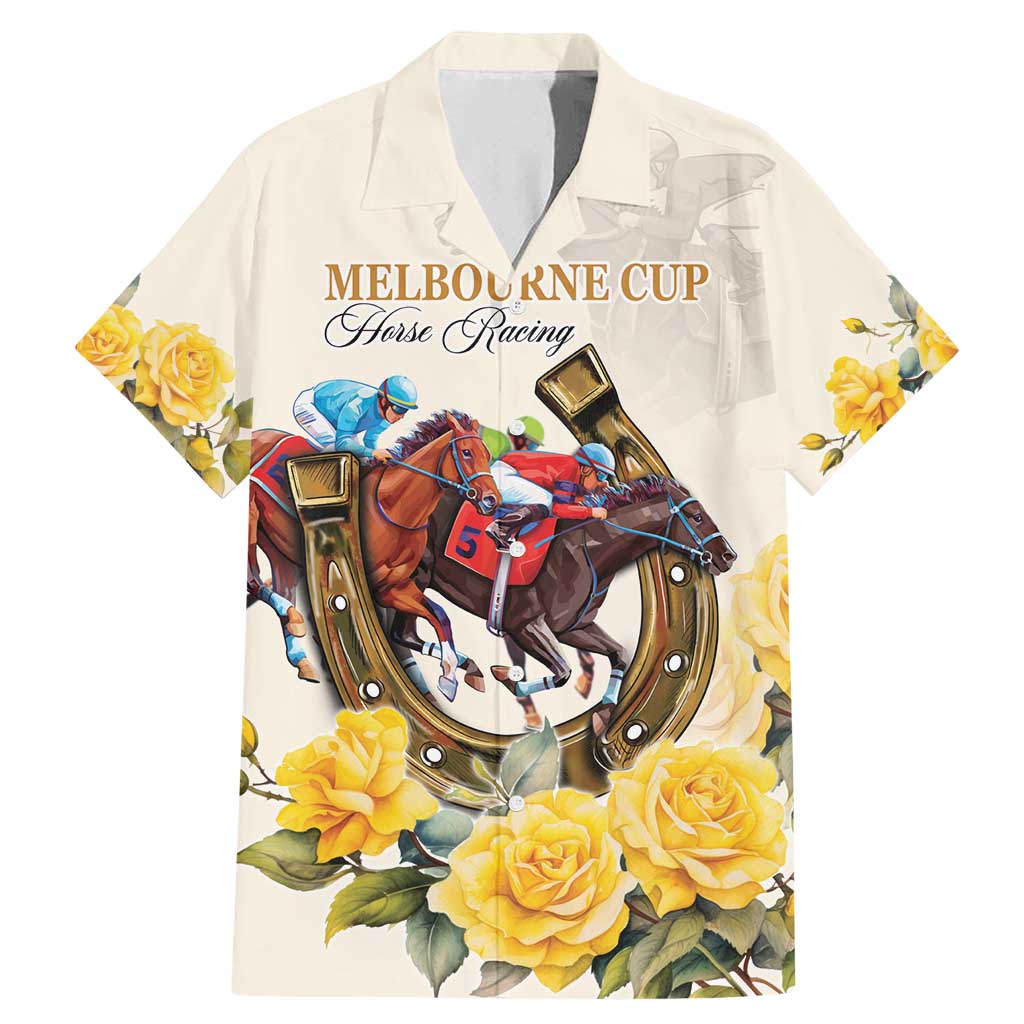Melbourne Horse Racing Personalised Family Matching Mermaid Dress and Hawaiian Shirt Australian Horse With Yellow Roses