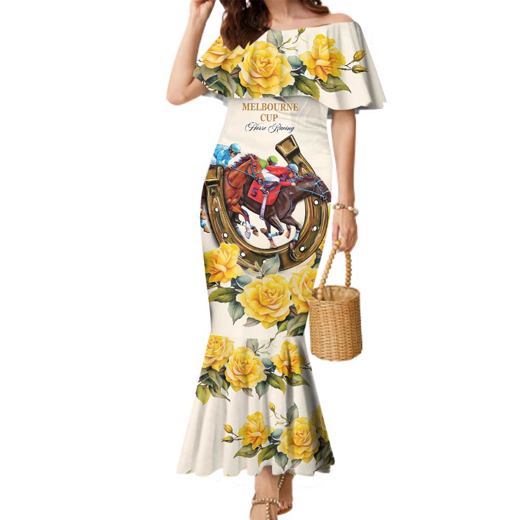 Melbourne Horse Racing Personalised Family Matching Mermaid Dress and Hawaiian Shirt Australian Horse With Yellow Roses