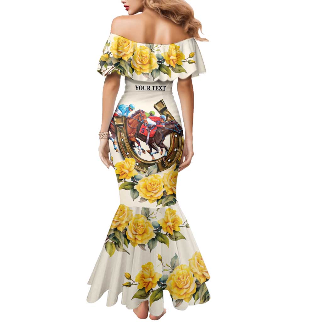 Melbourne Horse Racing Personalised Family Matching Mermaid Dress and Hawaiian Shirt Australian Horse With Yellow Roses