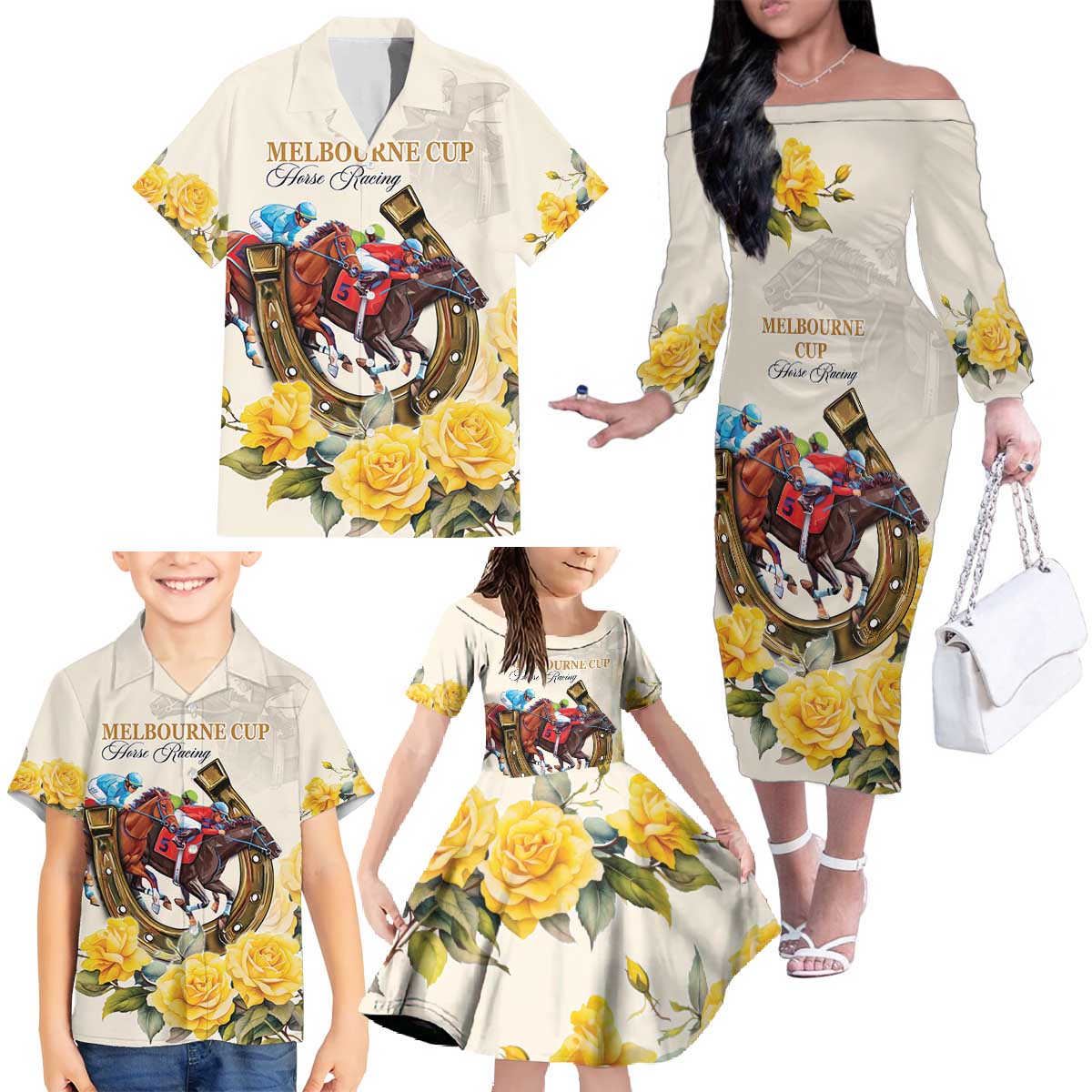 Melbourne Horse Racing Personalised Family Matching Off The Shoulder Long Sleeve Dress and Hawaiian Shirt Australian Horse With Yellow Roses