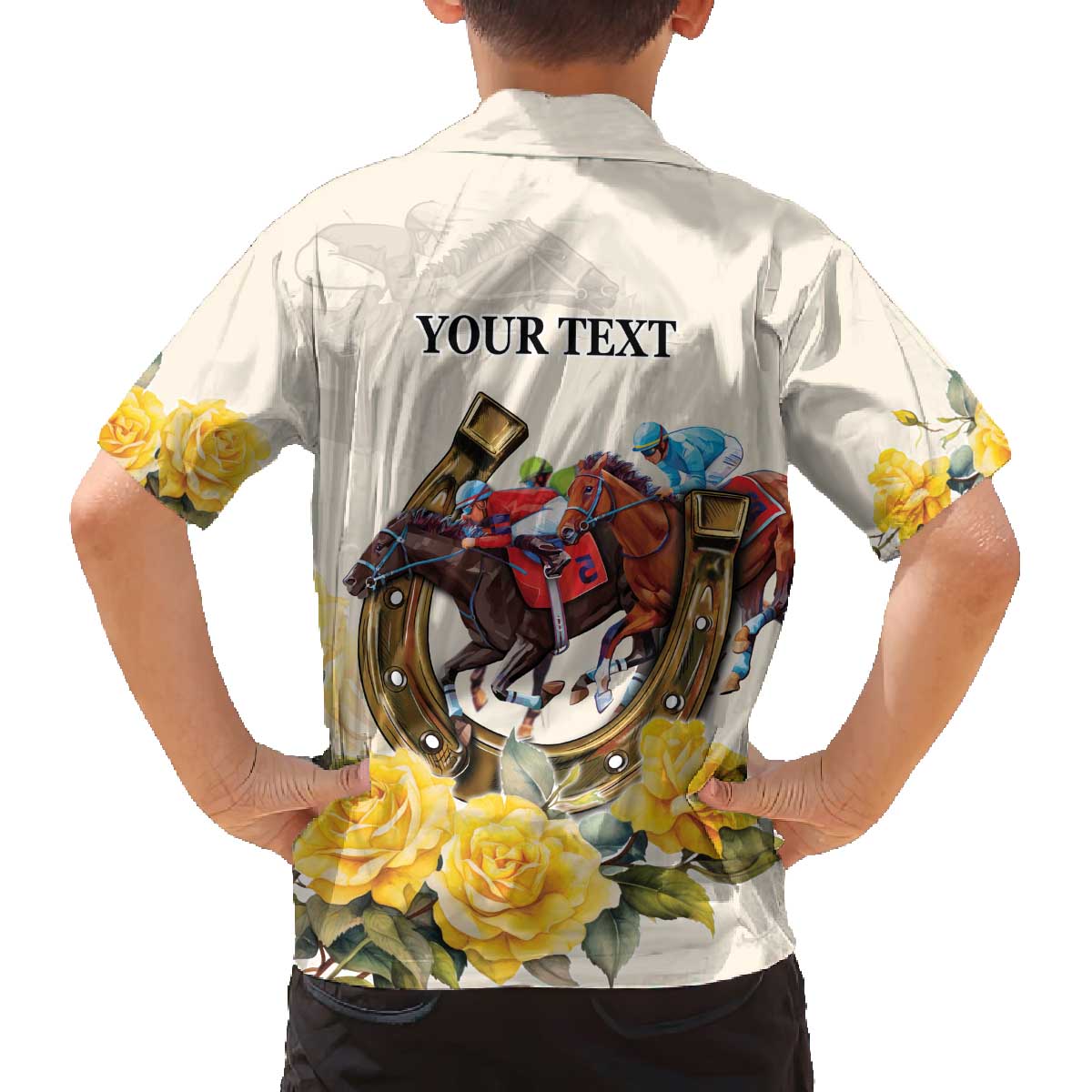 Melbourne Horse Racing Personalised Family Matching Off The Shoulder Long Sleeve Dress and Hawaiian Shirt Australian Horse With Yellow Roses