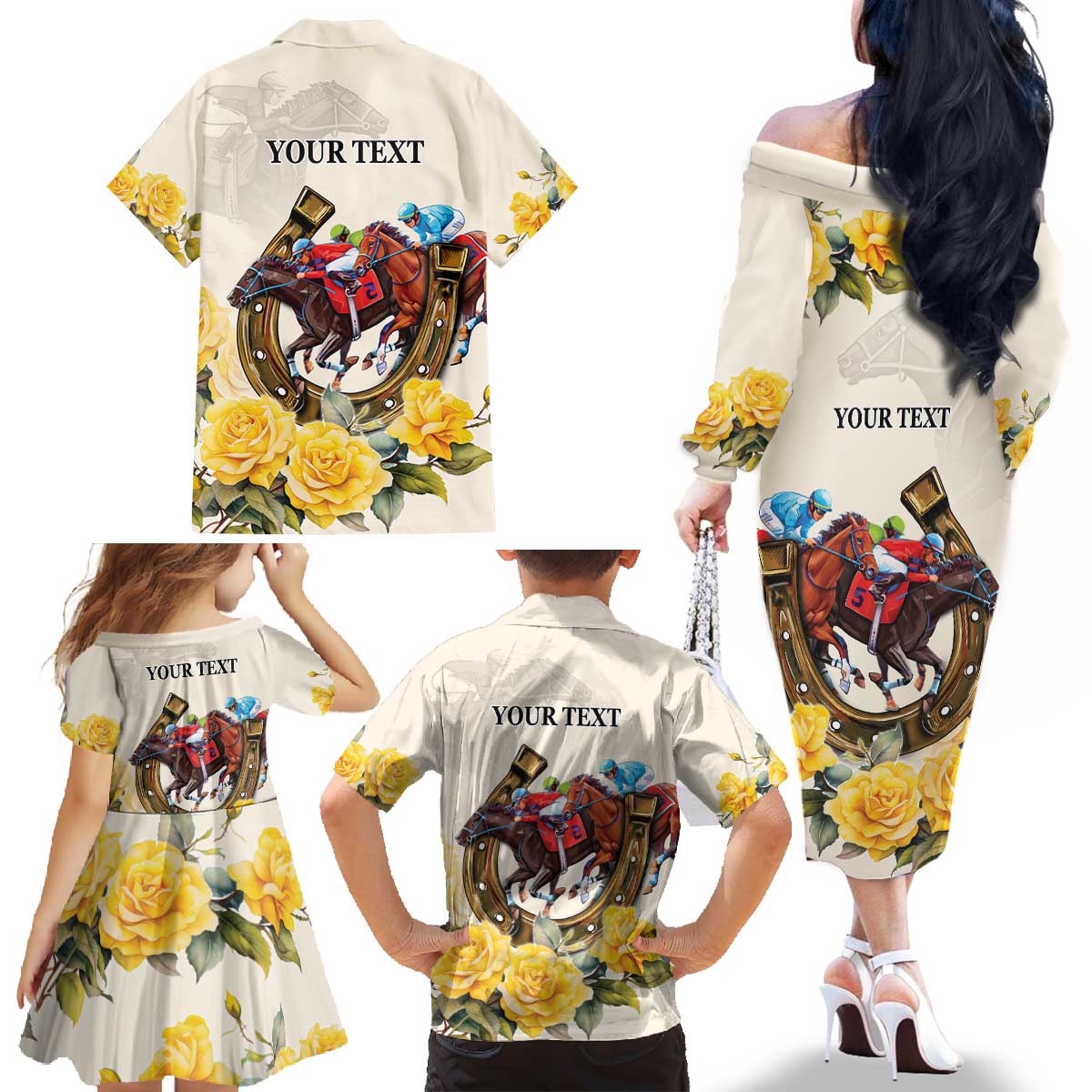 Melbourne Horse Racing Personalised Family Matching Off The Shoulder Long Sleeve Dress and Hawaiian Shirt Australian Horse With Yellow Roses