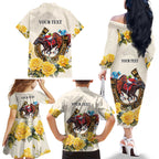 Melbourne Horse Racing Personalised Family Matching Off The Shoulder Long Sleeve Dress and Hawaiian Shirt Australian Horse With Yellow Roses