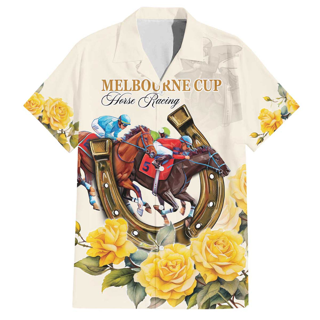Melbourne Horse Racing Personalised Family Matching Off The Shoulder Long Sleeve Dress and Hawaiian Shirt Australian Horse With Yellow Roses