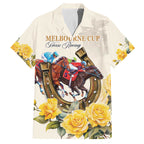 Melbourne Horse Racing Personalised Family Matching Off The Shoulder Long Sleeve Dress and Hawaiian Shirt Australian Horse With Yellow Roses