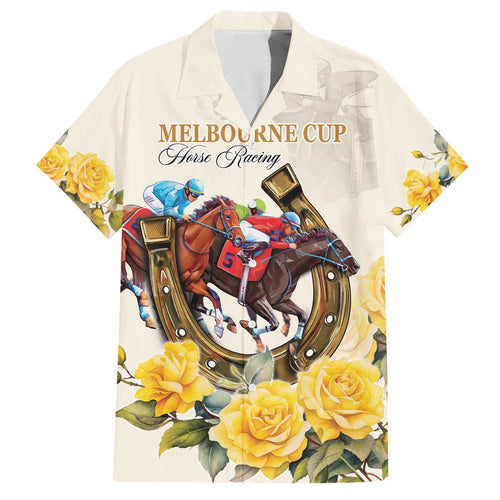 Melbourne Horse Racing Personalised Family Matching Off The Shoulder Long Sleeve Dress and Hawaiian Shirt Australian Horse With Yellow Roses
