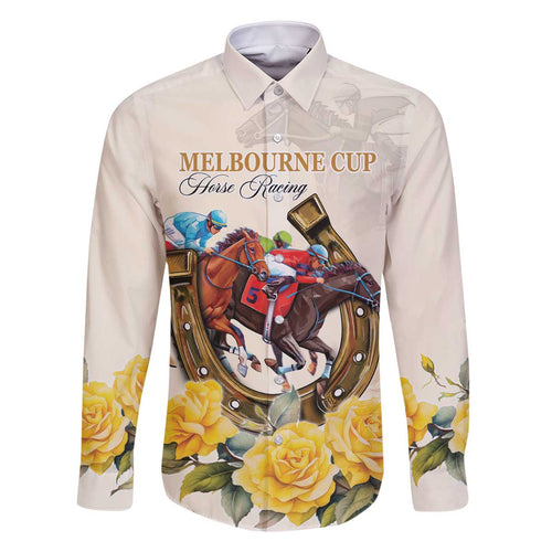 Melbourne Horse Racing Personalised Family Matching Off The Shoulder Long Sleeve Dress and Hawaiian Shirt Australian Horse With Yellow Roses