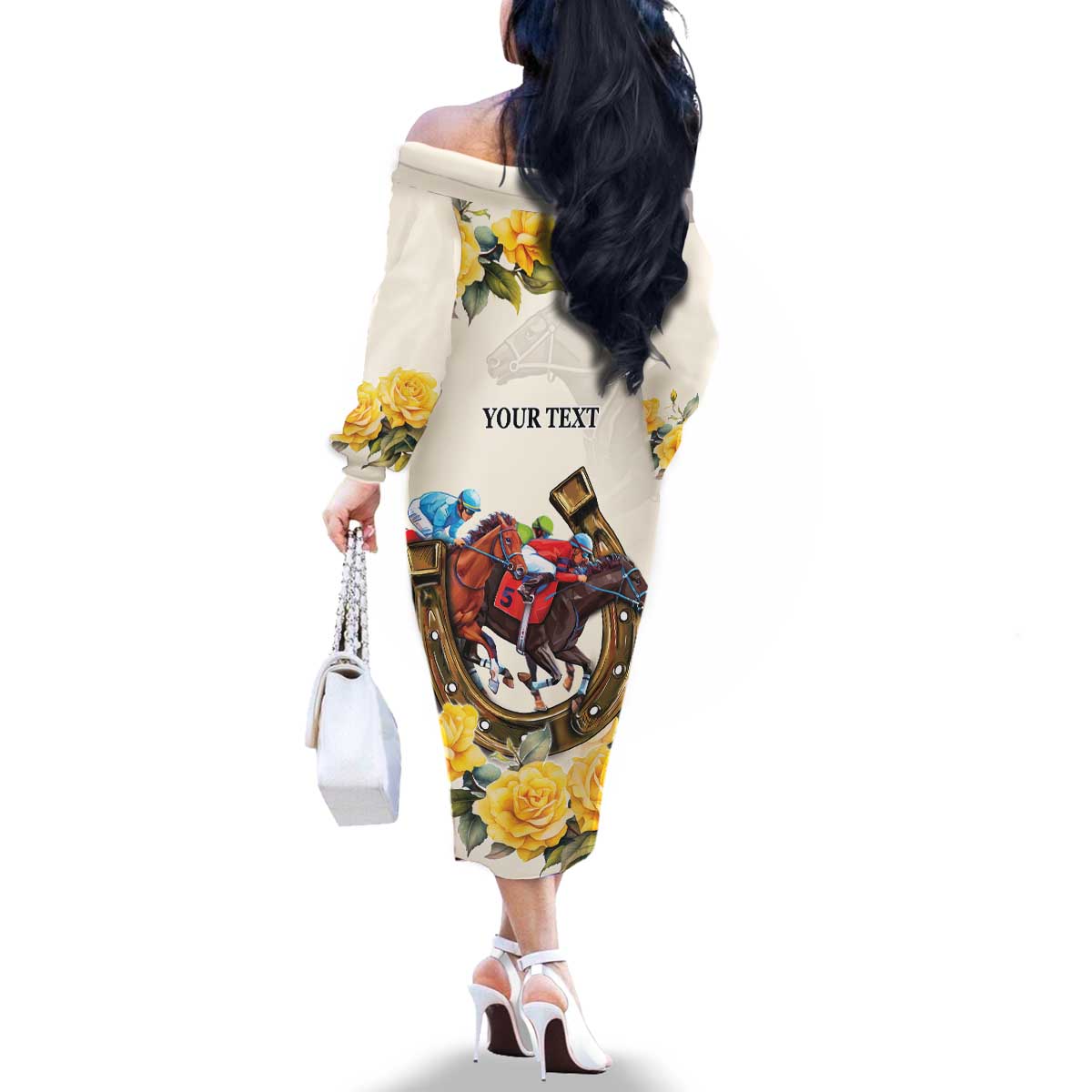 Melbourne Horse Racing Personalised Family Matching Off The Shoulder Long Sleeve Dress and Hawaiian Shirt Australian Horse With Yellow Roses