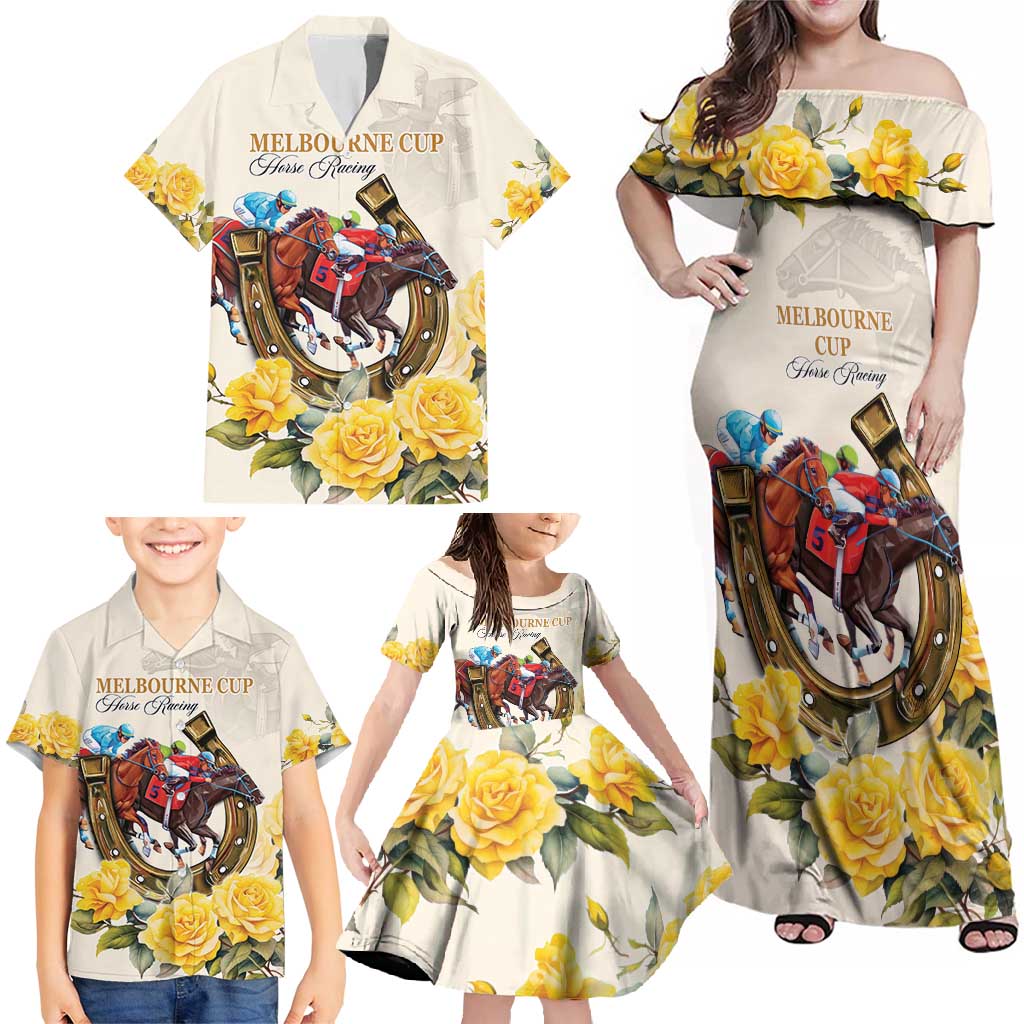 Melbourne Horse Racing Personalised Family Matching Off Shoulder Maxi Dress and Hawaiian Shirt Australian Horse With Yellow Roses