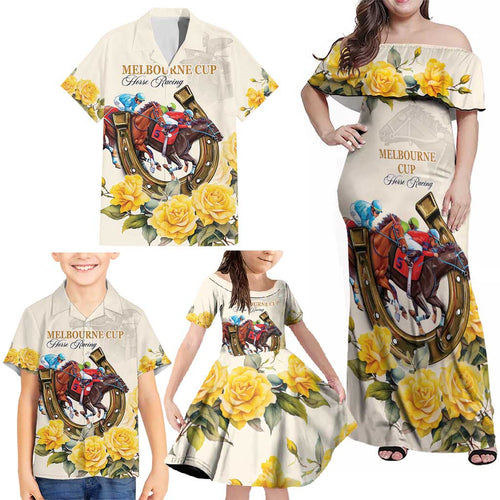 Melbourne Horse Racing Personalised Family Matching Off Shoulder Maxi Dress and Hawaiian Shirt Australian Horse With Yellow Roses