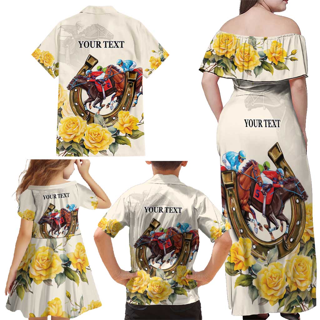 Melbourne Horse Racing Personalised Family Matching Off Shoulder Maxi Dress and Hawaiian Shirt Australian Horse With Yellow Roses