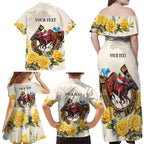 Melbourne Horse Racing Personalised Family Matching Off Shoulder Maxi Dress and Hawaiian Shirt Australian Horse With Yellow Roses