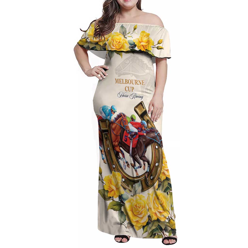 Melbourne Horse Racing Personalised Family Matching Off Shoulder Maxi Dress and Hawaiian Shirt Australian Horse With Yellow Roses