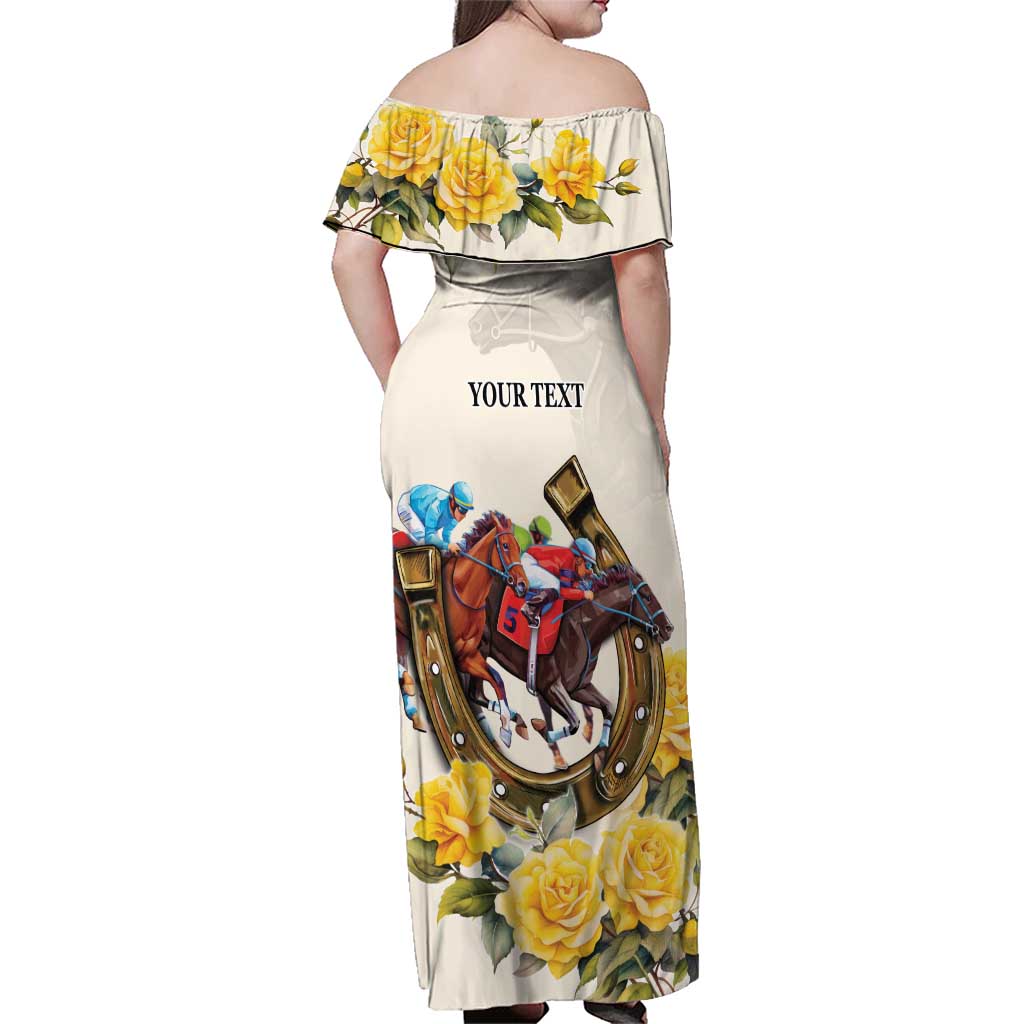 Melbourne Horse Racing Personalised Family Matching Off Shoulder Maxi Dress and Hawaiian Shirt Australian Horse With Yellow Roses