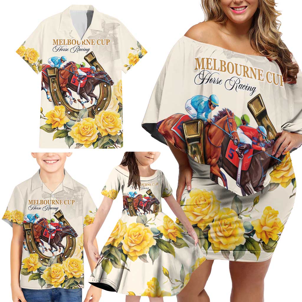 Melbourne Horse Racing Personalised Family Matching Off Shoulder Short Dress and Hawaiian Shirt Australian Horse With Yellow Roses