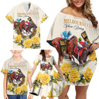 Melbourne Horse Racing Personalised Family Matching Off Shoulder Short Dress and Hawaiian Shirt Australian Horse With Yellow Roses