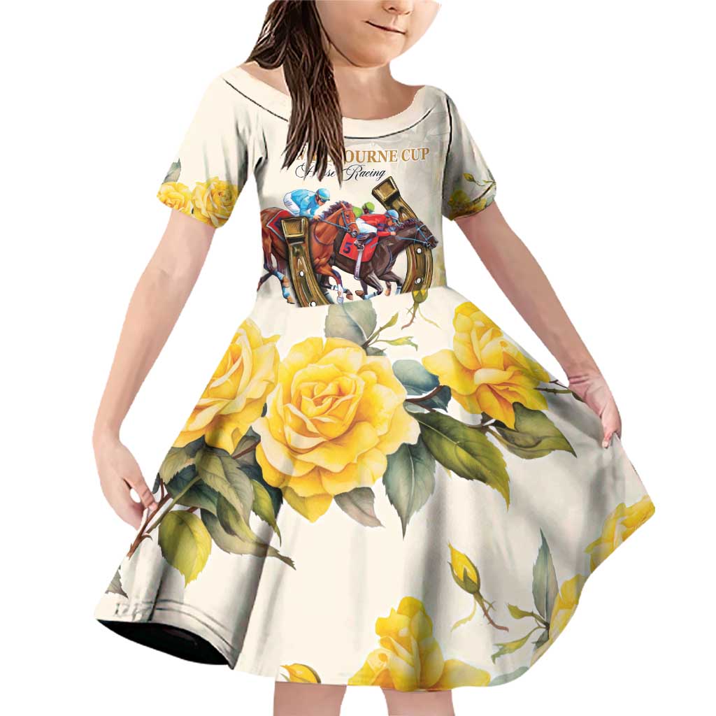 Melbourne Horse Racing Personalised Family Matching Off Shoulder Short Dress and Hawaiian Shirt Australian Horse With Yellow Roses
