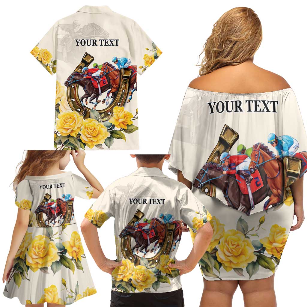 Melbourne Horse Racing Personalised Family Matching Off Shoulder Short Dress and Hawaiian Shirt Australian Horse With Yellow Roses