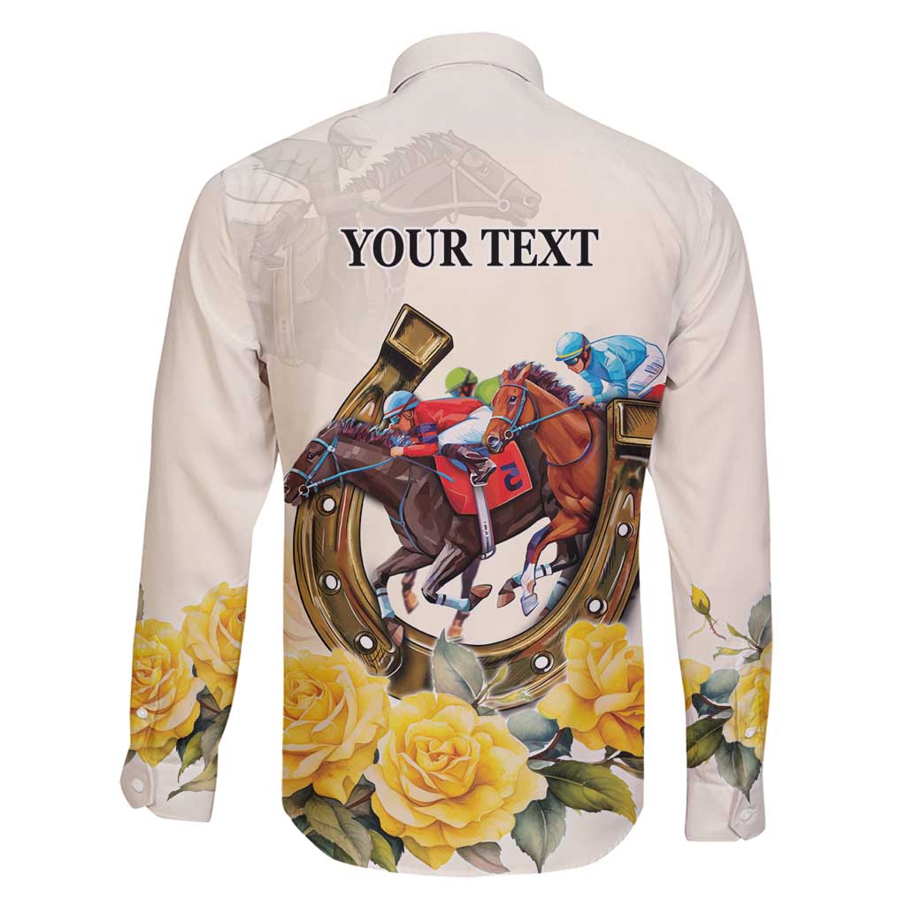 Melbourne Horse Racing Personalised Family Matching Off Shoulder Short Dress and Hawaiian Shirt Australian Horse With Yellow Roses
