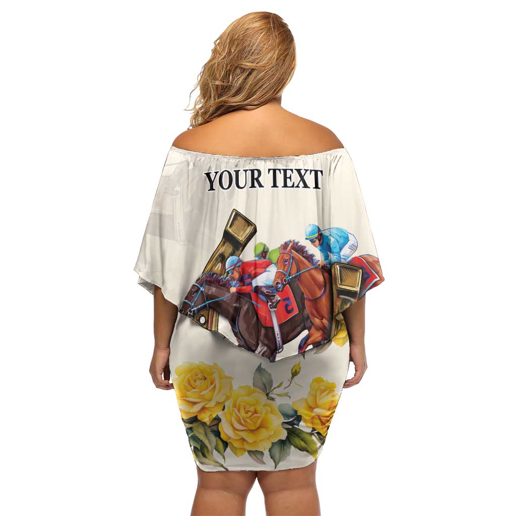 Melbourne Horse Racing Personalised Family Matching Off Shoulder Short Dress and Hawaiian Shirt Australian Horse With Yellow Roses