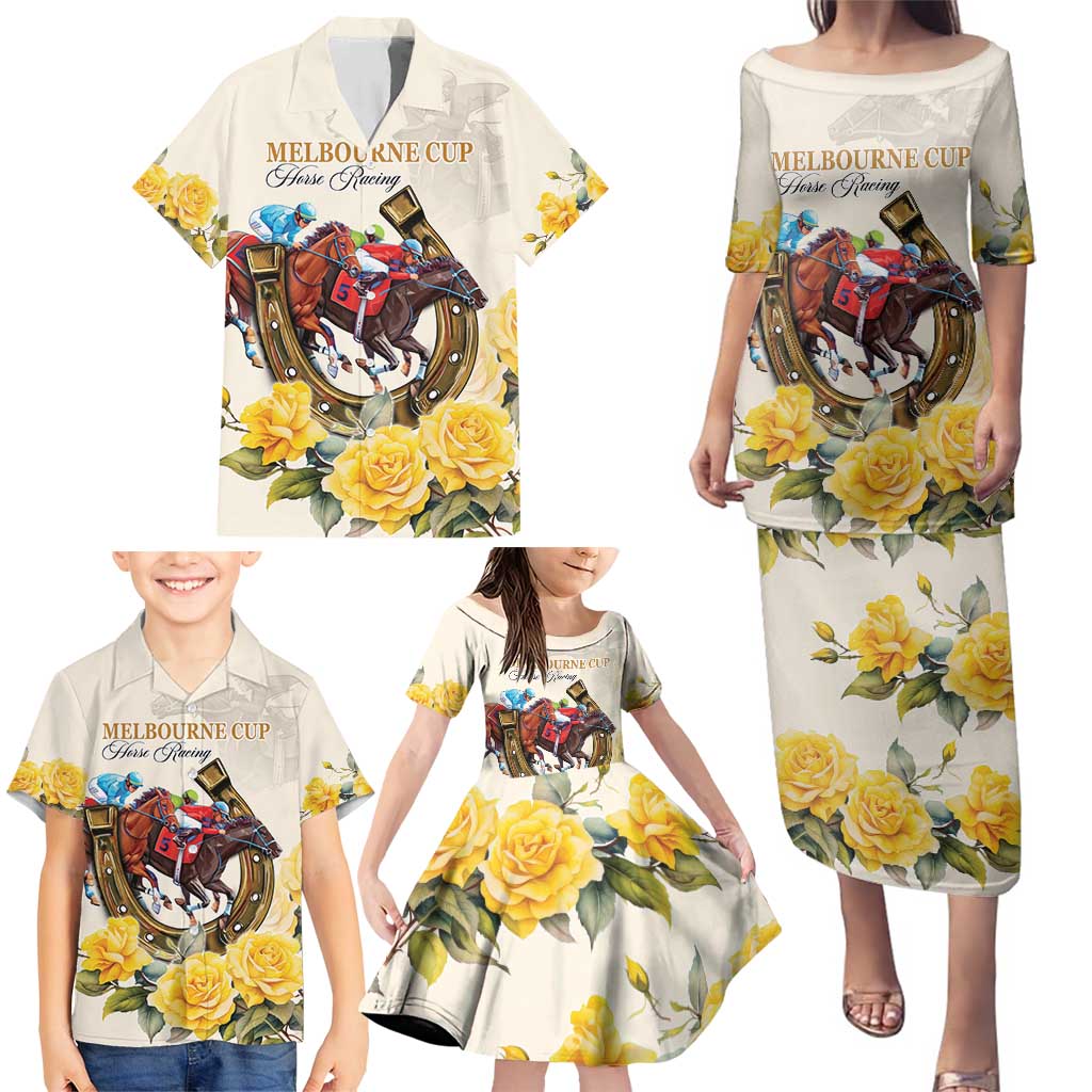 Melbourne Horse Racing Personalised Family Matching Puletasi and Hawaiian Shirt Australian Horse With Yellow Roses