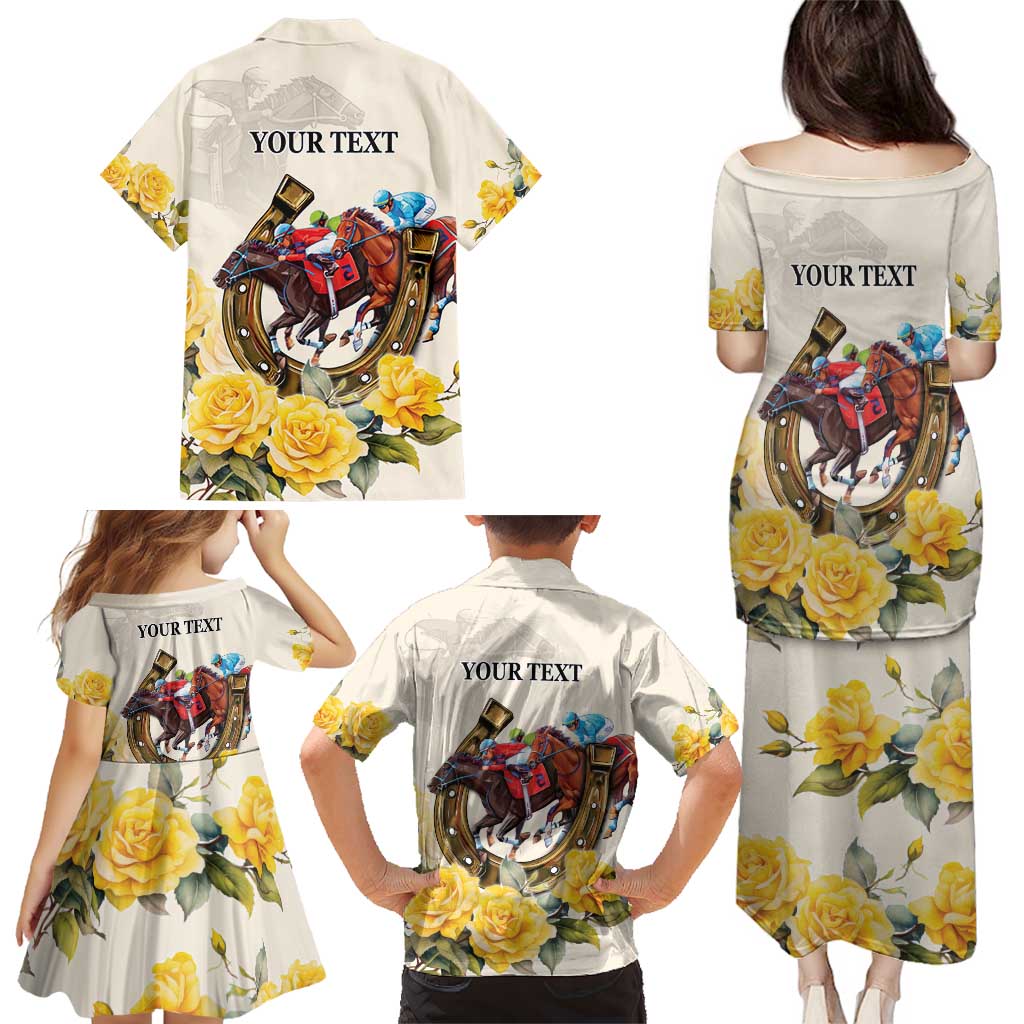 Melbourne Horse Racing Personalised Family Matching Puletasi and Hawaiian Shirt Australian Horse With Yellow Roses