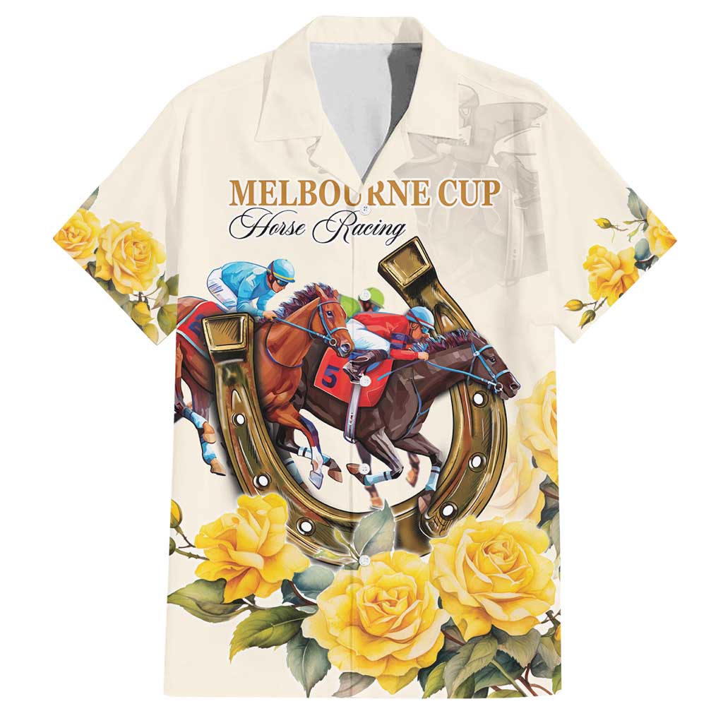 Melbourne Horse Racing Personalised Family Matching Puletasi and Hawaiian Shirt Australian Horse With Yellow Roses