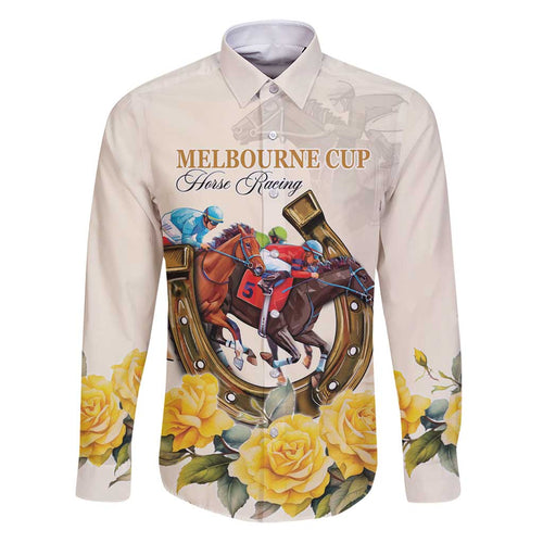 Melbourne Horse Racing Personalised Family Matching Puletasi and Hawaiian Shirt Australian Horse With Yellow Roses