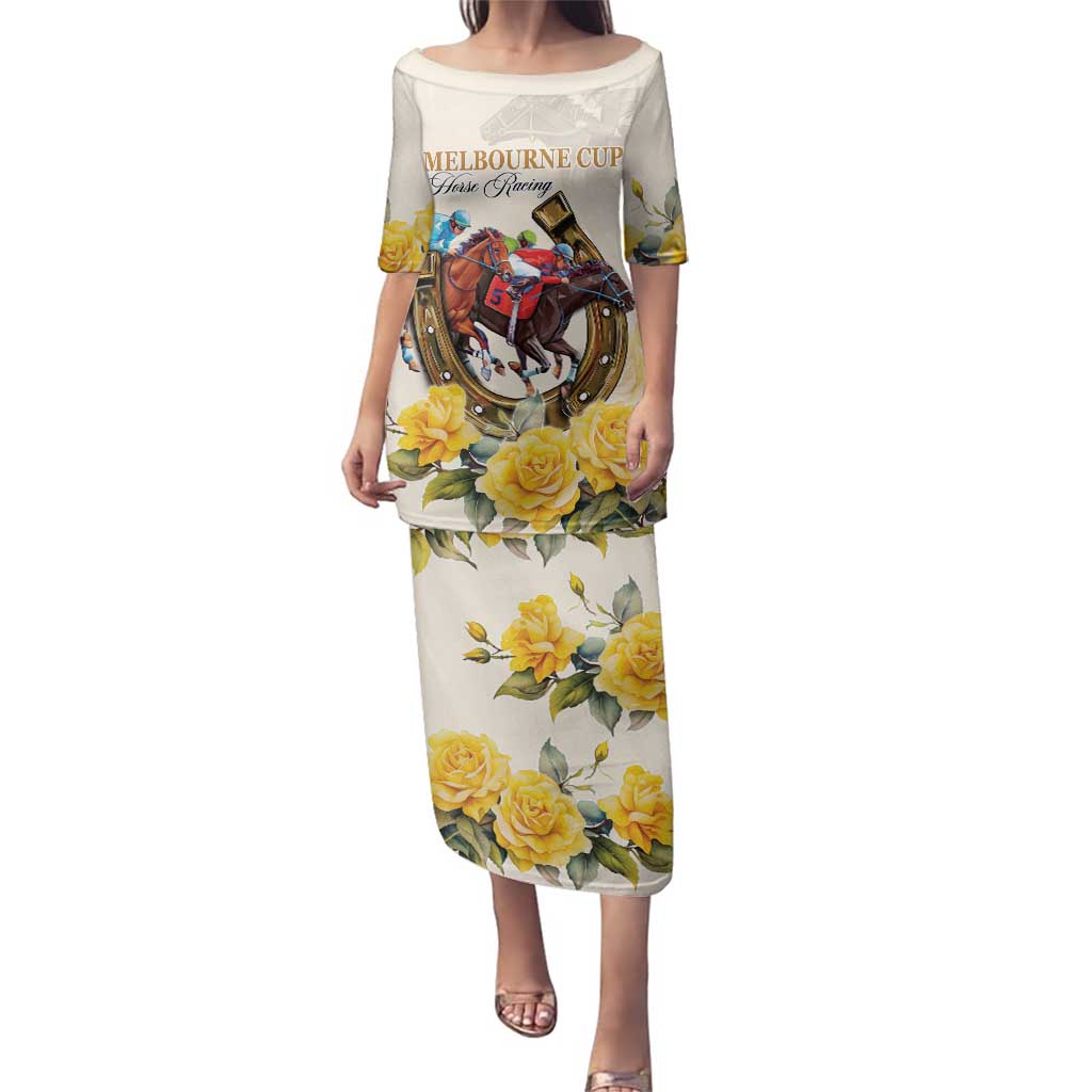 Melbourne Horse Racing Personalised Family Matching Puletasi and Hawaiian Shirt Australian Horse With Yellow Roses