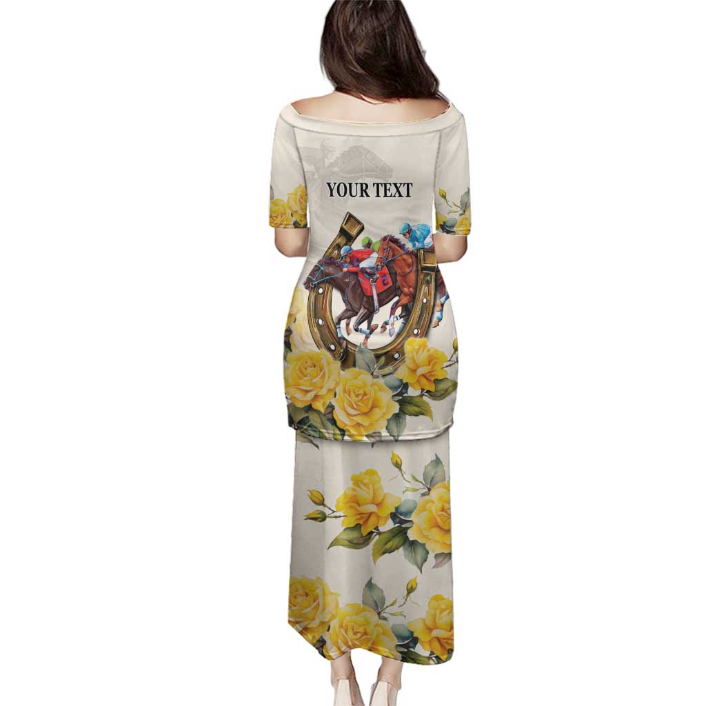 Melbourne Horse Racing Personalised Family Matching Puletasi and Hawaiian Shirt Australian Horse With Yellow Roses