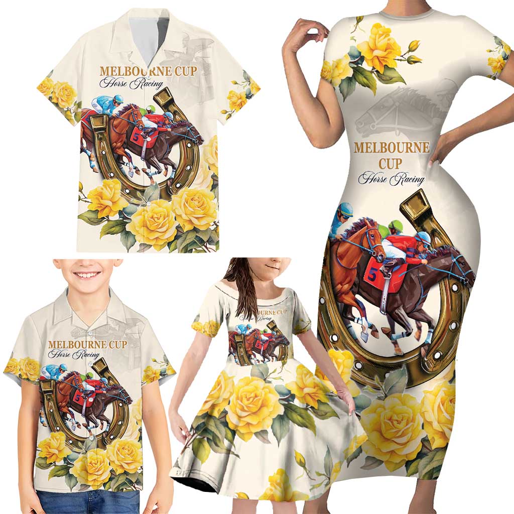 Melbourne Horse Racing Personalised Family Matching Short Sleeve Bodycon Dress and Hawaiian Shirt Australian Horse With Yellow Roses
