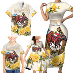 Melbourne Horse Racing Personalised Family Matching Short Sleeve Bodycon Dress and Hawaiian Shirt Australian Horse With Yellow Roses