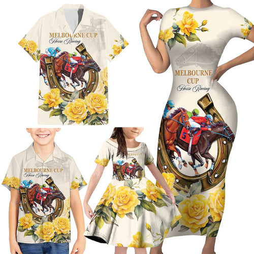 Melbourne Horse Racing Personalised Family Matching Short Sleeve Bodycon Dress and Hawaiian Shirt Australian Horse With Yellow Roses