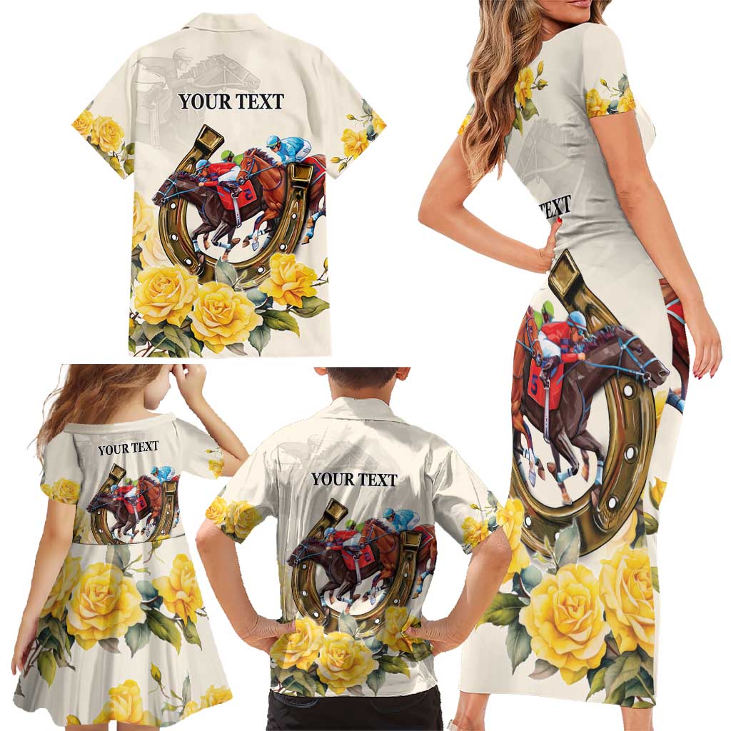 Melbourne Horse Racing Personalised Family Matching Short Sleeve Bodycon Dress and Hawaiian Shirt Australian Horse With Yellow Roses