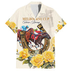 Melbourne Horse Racing Personalised Family Matching Short Sleeve Bodycon Dress and Hawaiian Shirt Australian Horse With Yellow Roses