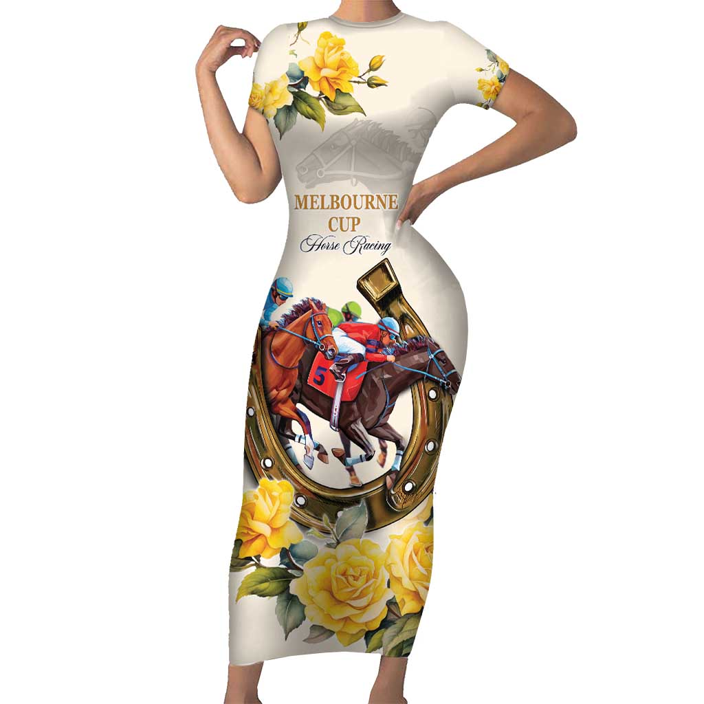 Melbourne Horse Racing Personalised Family Matching Short Sleeve Bodycon Dress and Hawaiian Shirt Australian Horse With Yellow Roses